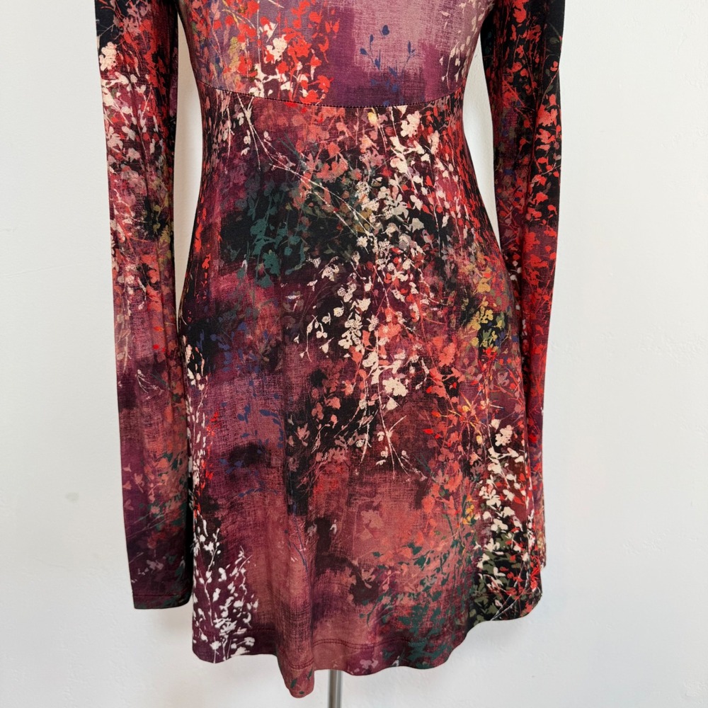Peruvian Connection Floral Print Tunic Dress Burgundy Small Boho Art To Wear - Picture 9 of 13